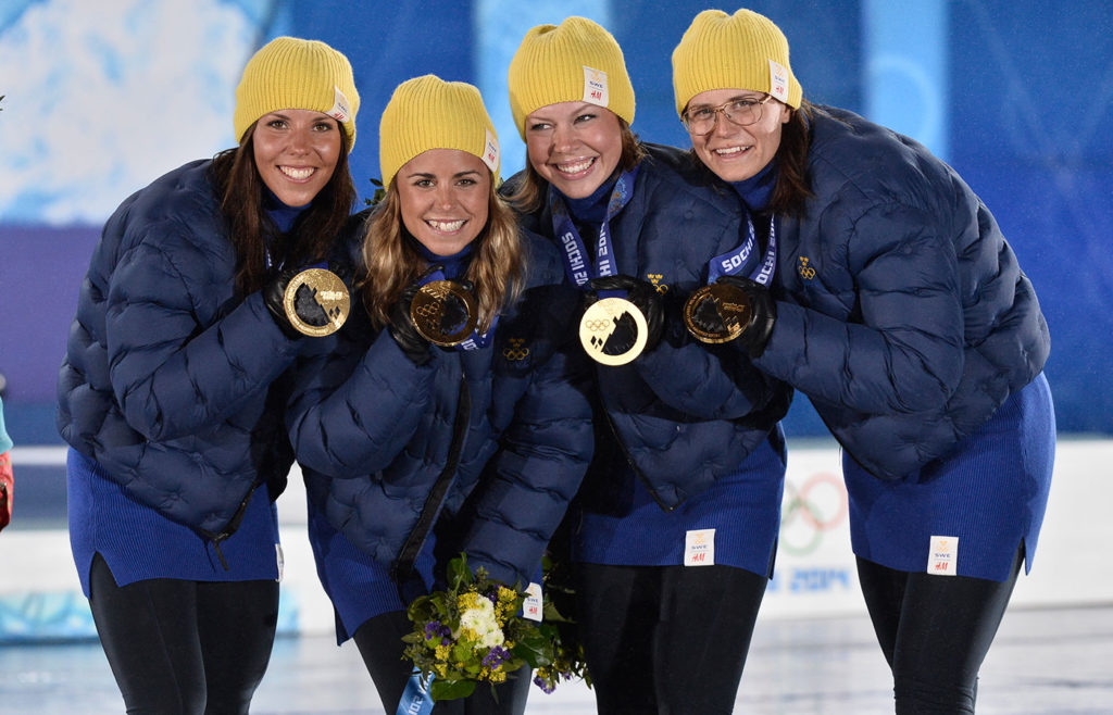 Guldlaget i stafett på OS 2014: Charlotte Kalla, Anna Haag, Emma Wikén och Ida Ingemarsdotter. 